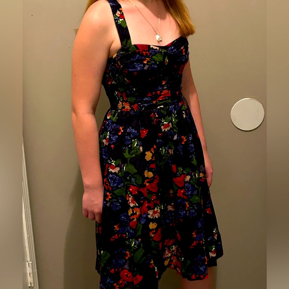 HD in Paris  Anthropologie dark floral criss cross strap with ruched bodice